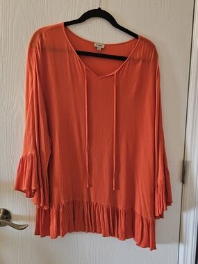 Daniel Cremieux Orange Crinkle V-Neck Tunic with Ruffle Hem